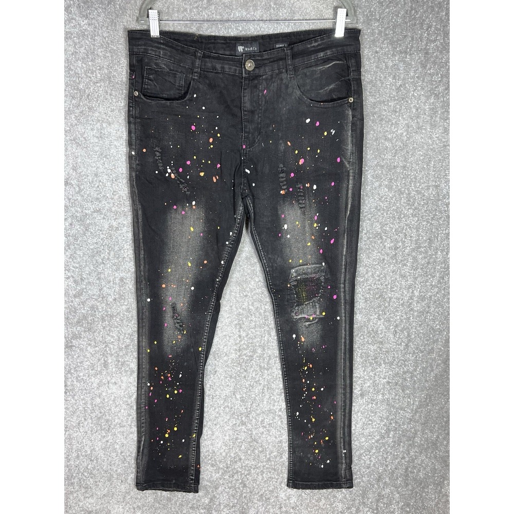 Waimea Skinny Jeans Mens Size 34x32 Black Paint Splatter Art Distressed Stretch